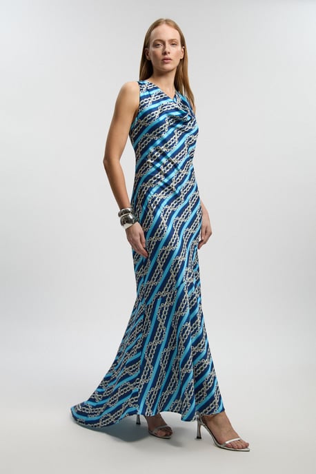 Chain Print Hammered Satin Cowl Neck Dress - Image 1