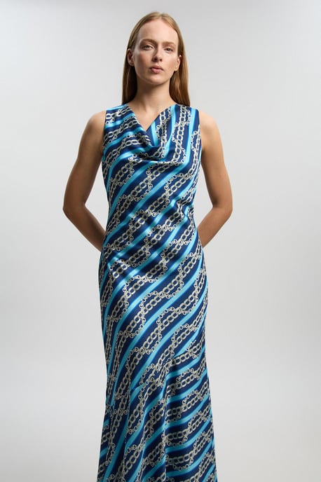 Chain Print Hammered Satin Cowl Neck Dress - Image 2