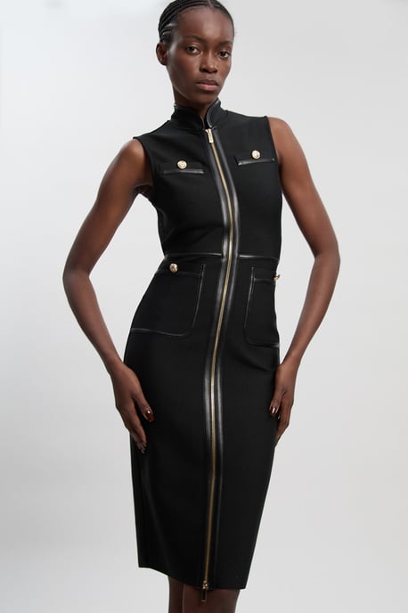 Sleeveless Pu Tipped Military Bandage Midi Dress - Image 2