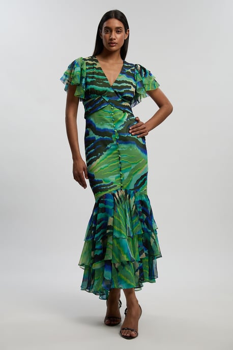 Animal Ruffle Sleeve Button Through Maxi Dress - Image 2