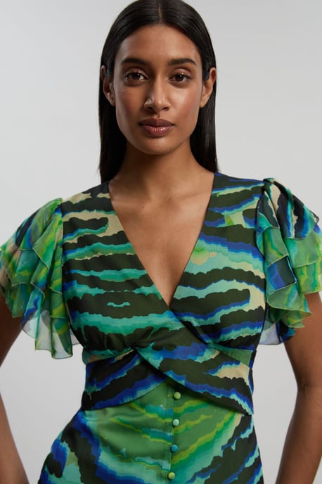 Animal Ruffle Sleeve Button Through Maxi Dress - Image 3