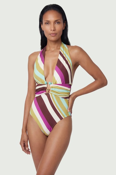 Diagonal Stripe Plunge Swimsuit With Stone Detail - Image 1