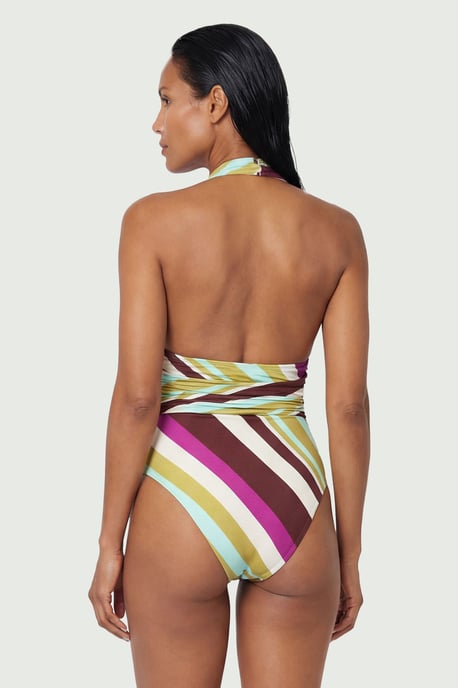 Diagonal Stripe Plunge Swimsuit With Stone Detail - Image 3