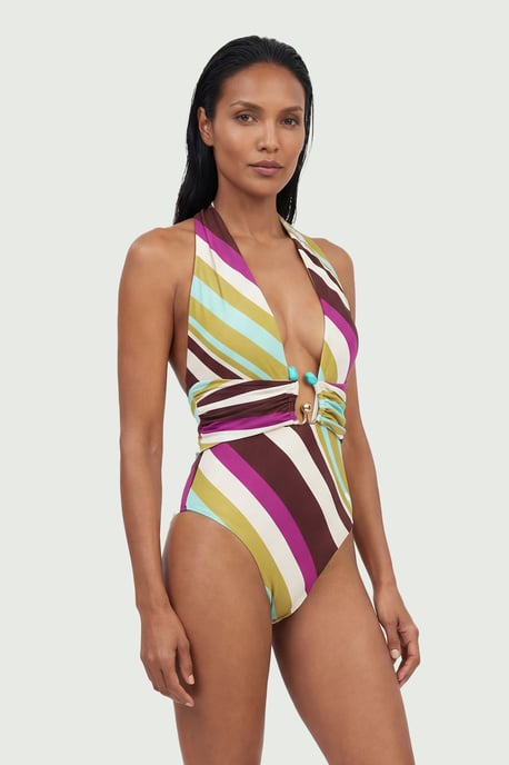 Diagonal Stripe Plunge Swimsuit With Stone Detail - Image 4
