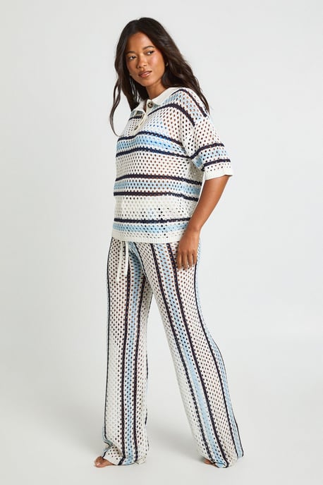 Stripe Crochet Button Down Shirt and Wide Leg Trouser Co-Ord - Image 3