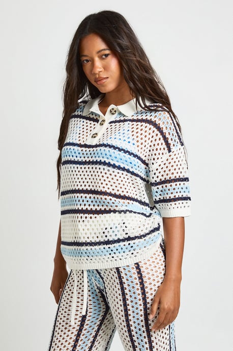 Stripe Crochet Button Down Shirt and Wide Leg Trouser Co-Ord - Image 4