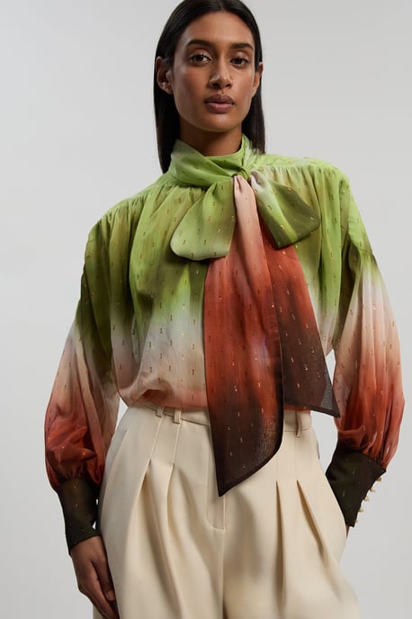 Metallic Thread Ombre Print Woven Balloon Sleeve Blouse - Image 1