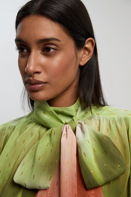 Metallic Thread Ombre Print Woven Balloon Sleeve Blouse - Image 3