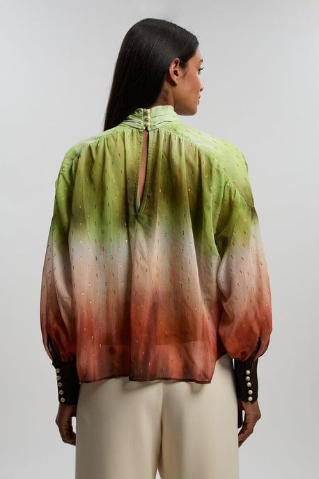 Metallic Thread Ombre Print Woven Balloon Sleeve Blouse - Image 4