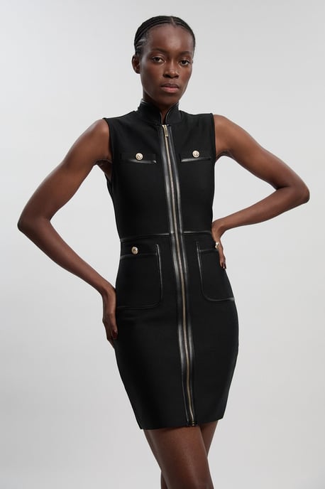 Sleeveless Pu Tipped Military Bandage Mini Dress - Image 1