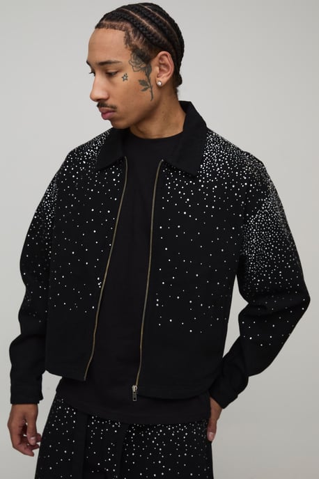 Washed Boxy Rhinestone Denim Jacket - Image 1