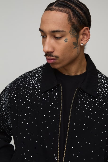 Washed Boxy Rhinestone Denim Jacket - Image 3