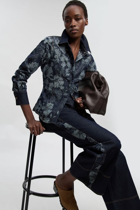 Petite Denim & Jacquard Contrast Wide Leg Jean - Image 1