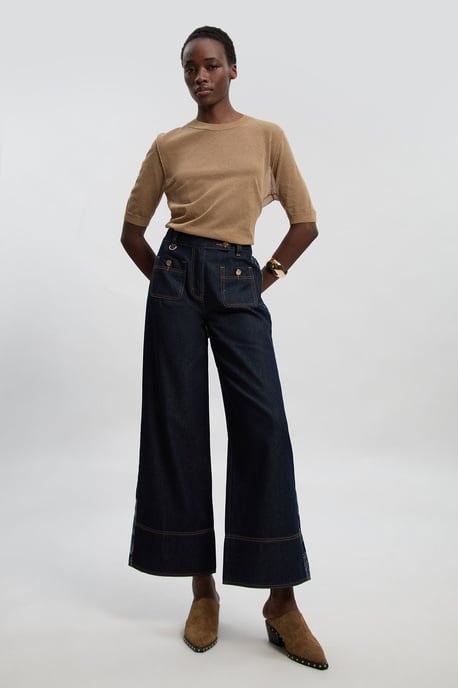 Petite Denim & Jacquard Contrast Wide Leg Jean - Image 2