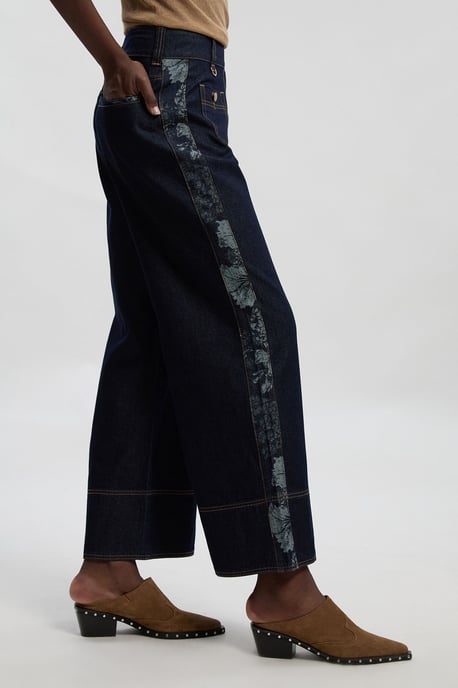 Petite Denim & Jacquard Contrast Wide Leg Jean - Image 3