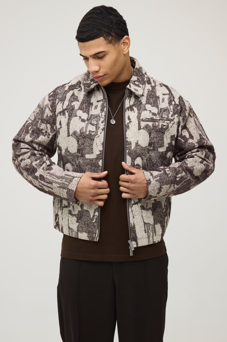 Boxy Fit Textured Jacquard Harrington Jacket - Image 1