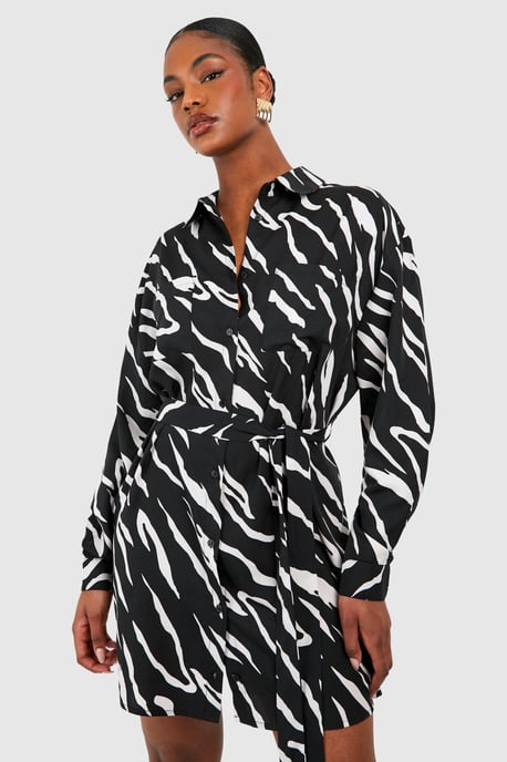 Tall Woven Zebra Belted Shirt Dress - Image 1