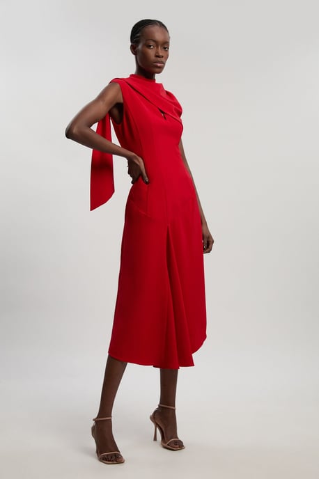 Tailored Crepe Cape Asymmetric Cape Neck Detail Midi Dress - Image 1