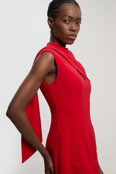Tailored Crepe Cape Asymmetric Cape Neck Detail Midi Dress - Image 2