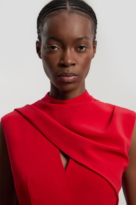 Tailored Crepe Cape Asymmetric Cape Neck Detail Midi Dress - Image 3