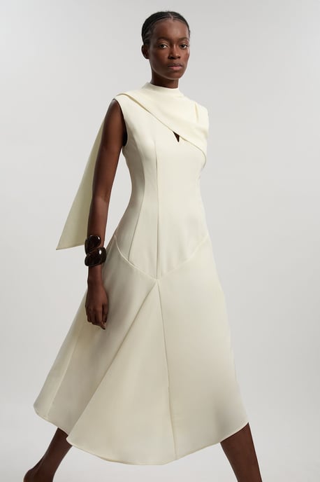 Tailored Crepe Cape Asymmetric Cape Neck Detail Midi Dress - Image 1
