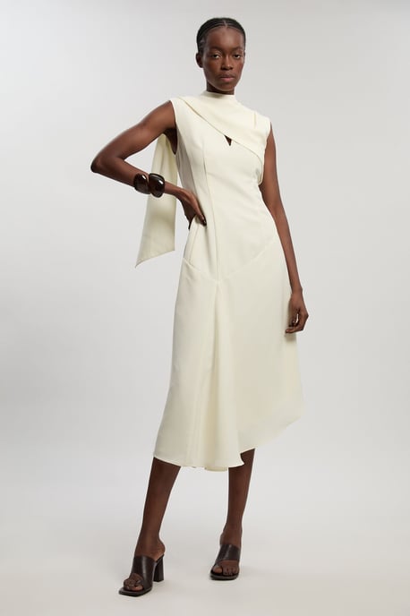 Tailored Crepe Cape Asymmetric Cape Neck Detail Midi Dress - Image 2