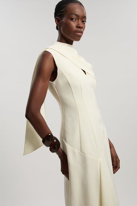 Tailored Crepe Cape Asymmetric Cape Neck Detail Midi Dress - Image 3