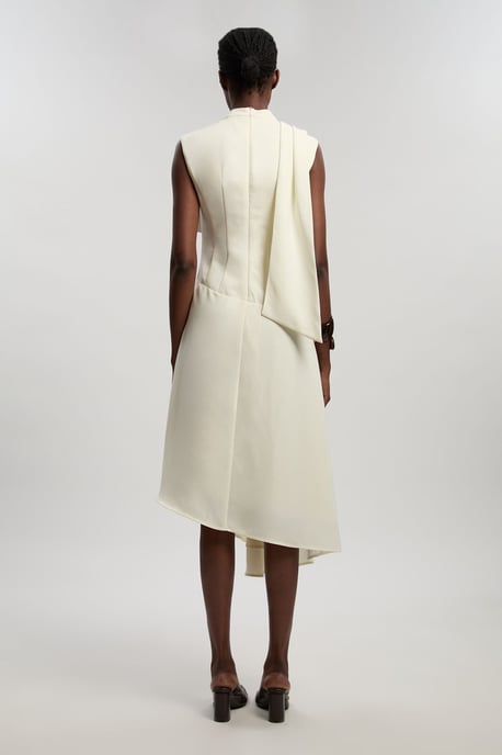 Tailored Crepe Cape Asymmetric Cape Neck Detail Midi Dress - Image 4