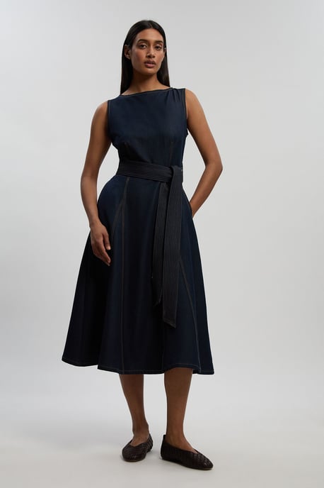 Denim Belted Full Skirt Tailored Dress - Image 1