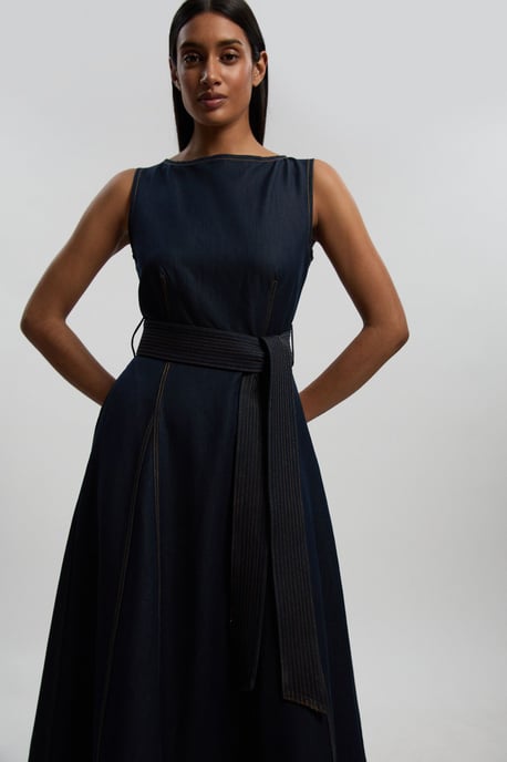 Denim Belted Full Skirt Tailored Dress - Image 2