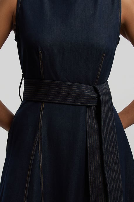 Denim Belted Full Skirt Tailored Dress - Image 3