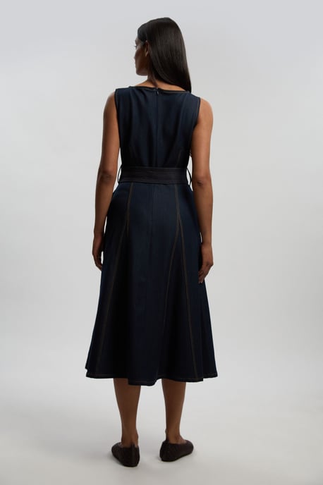 Denim Belted Full Skirt Tailored Dress - Image 4