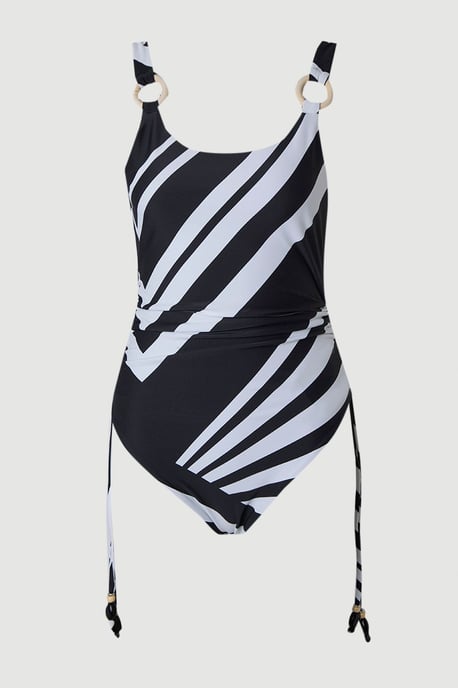 Stripe Print With Bead Detail Low Back Swimsuit - Image 1
