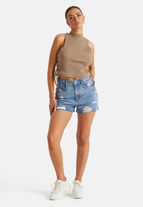 Split Hem Ripped Denim Shorts - Image 1
