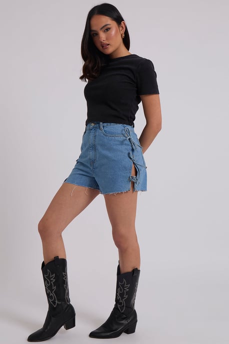 Blue tie side Denim Shorts - Image 3