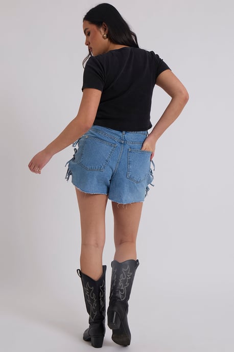 Blue tie side Denim Shorts - Image 4