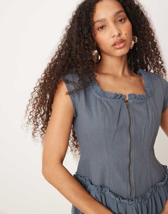 ASOS DESIGN dragkedja genom twill bodice midi klänning i denim blå - Image 3