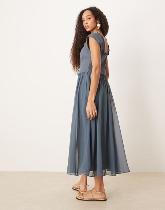 ASOS DESIGN dragkedja genom twill bodice midi klänning i denim blå - Image 4