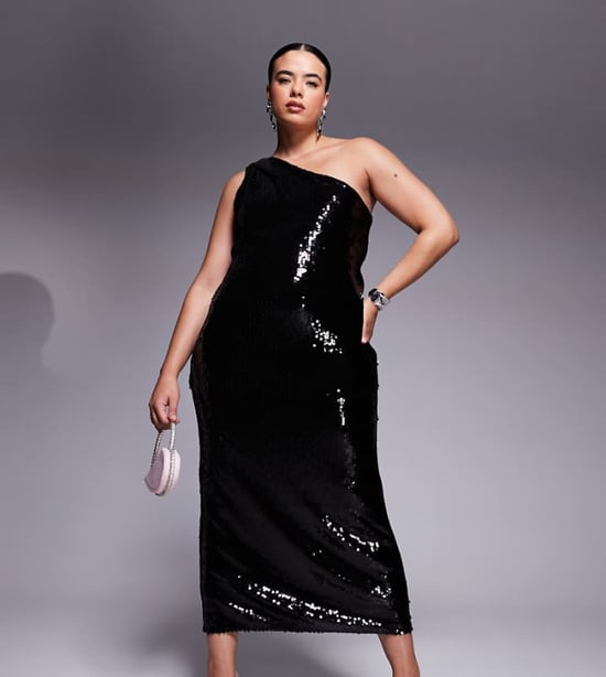 ASOS DESIGN Curve genomskinlig paljetter enaxlad midiklänning i svart - Image 1