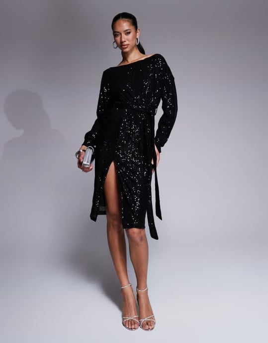 In The Style paljett off-shoulder midiklänning med hög slits i svart - Image 2