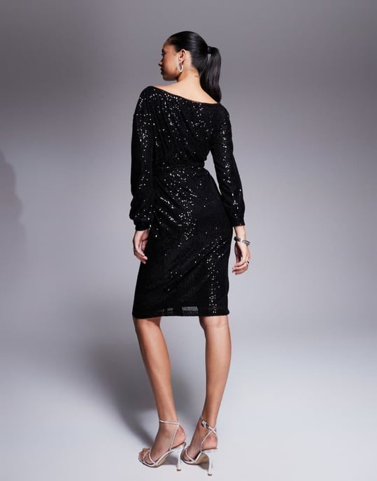 In The Style paljett off-shoulder midiklänning med hög slits i svart - Image 3