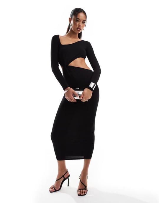 ASOS DESIGN asymmetrisk halsringning med vridningsdetalj midi-klänning med utskärning i svart - Image 1
