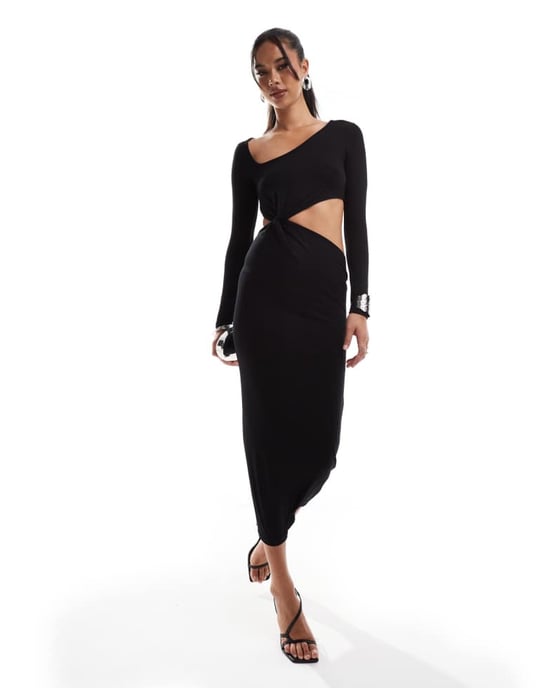 ASOS DESIGN asymmetrisk halsringning med vridningsdetalj midi-klänning med utskärning i svart - Image 2
