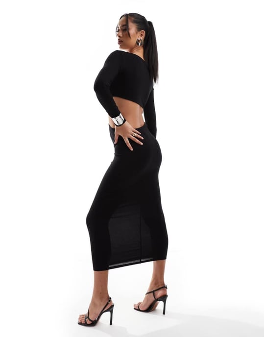 ASOS DESIGN asymmetrisk halsringning med vridningsdetalj midi-klänning med utskärning i svart - Image 3