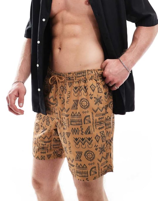 ASOS DESIGN badshorts i medellängd i brun geometri - Image 1