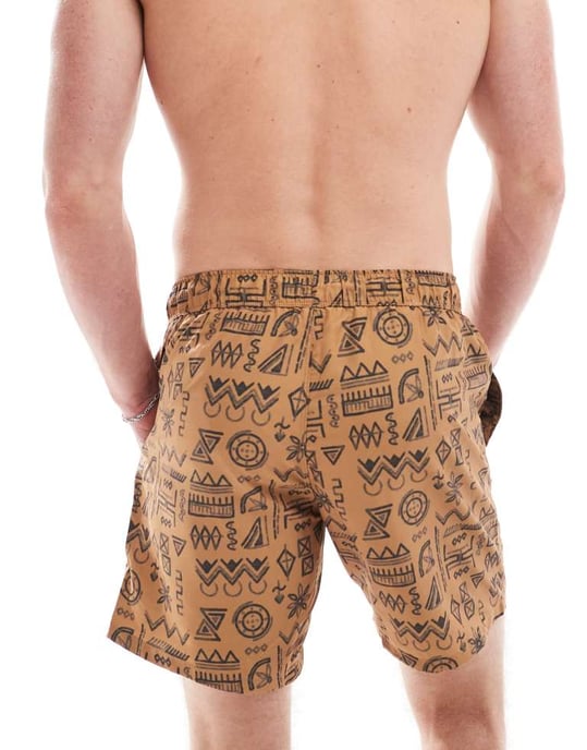 ASOS DESIGN badshorts i medellängd i brun geometri - Image 3