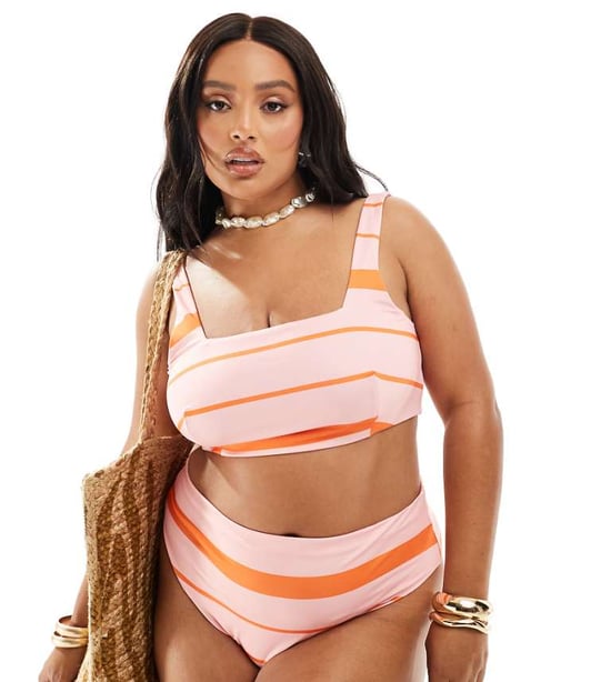 ASOS DESIGN Curve Mia högbenad hög midja bikinitrosa i rosa och orange randig - Image 1