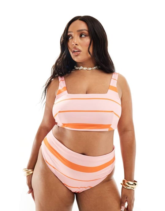 ASOS DESIGN Curve Mia högbenad hög midja bikinitrosa i rosa och orange randig - Image 3