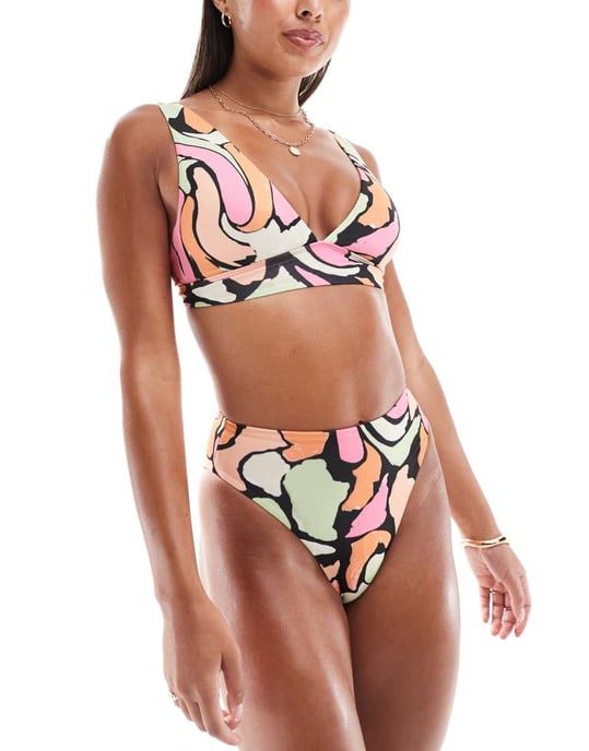 ASOS DESIGN Maya mixa och matcha högskurna högmidjade bikinitrosa i abstrakt pastell - Image 4