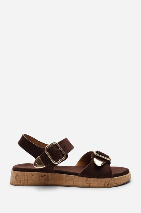 Where's That From Iridia Double Buckle Dark Brown Suede Low Wedge Sandal - Image 2